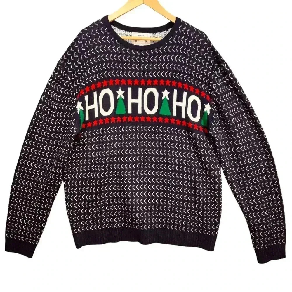 Daisys Boutique Women,s Navy White Red HOHOHO‎ Ugly Xmas Pullover Sweater 3XL